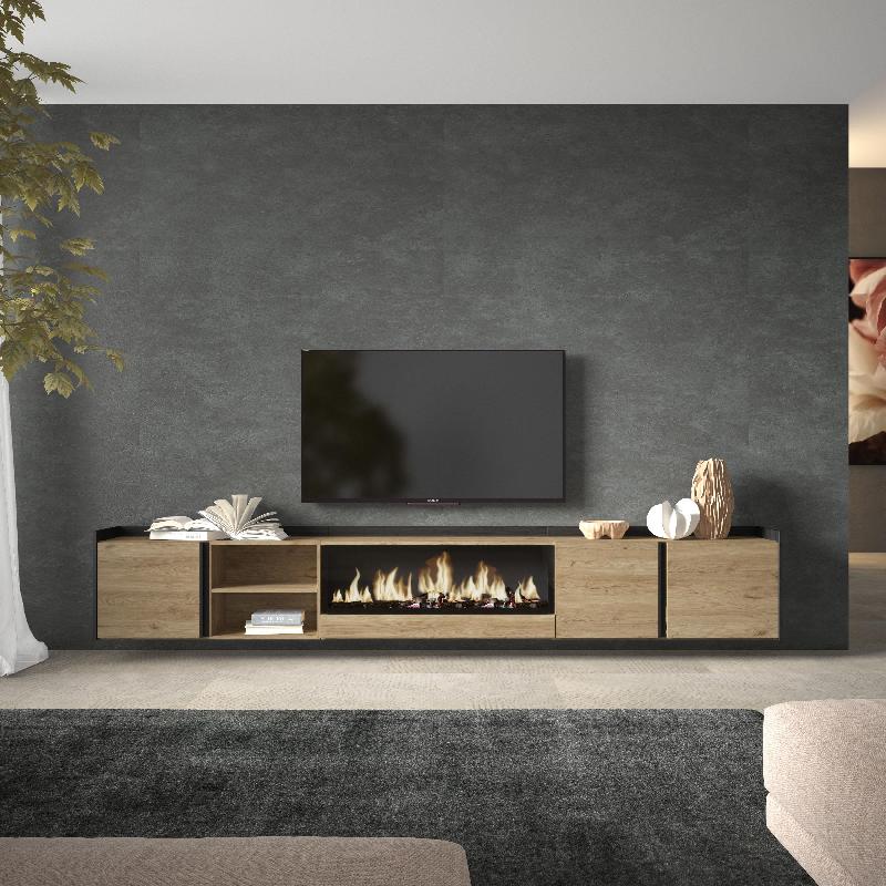 SKRAUT HOME - MEUBLE TV EFFET BOIS DE CHÊNE ET NOIR 315X35X50CM CHEMINÉE EFFET FEU