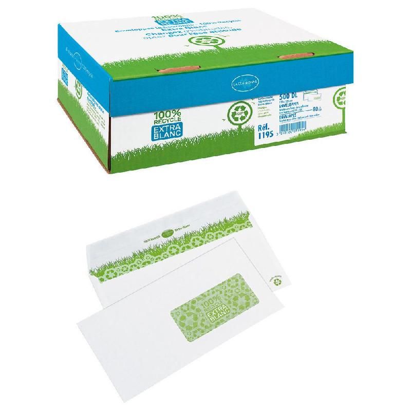 COURONNE ENVELOPPE BLANCHE 100% RECYCLÉ EXTRA BLANC - LA COURONNE -  - 110 X 220 MM - AUTOADHÉSIVE - AVEC FENÊTRE 45 X 100 MM - 80 G/M2 - BOÎTE DE 500