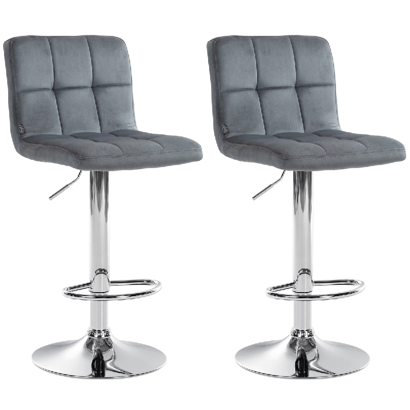 Décoshop26 - Lot de 2 tabourets de bar en velours gris foncé avec coutures décoratives pied en trompette métal chromé 10_0004390 - gris 3000252078113_0
