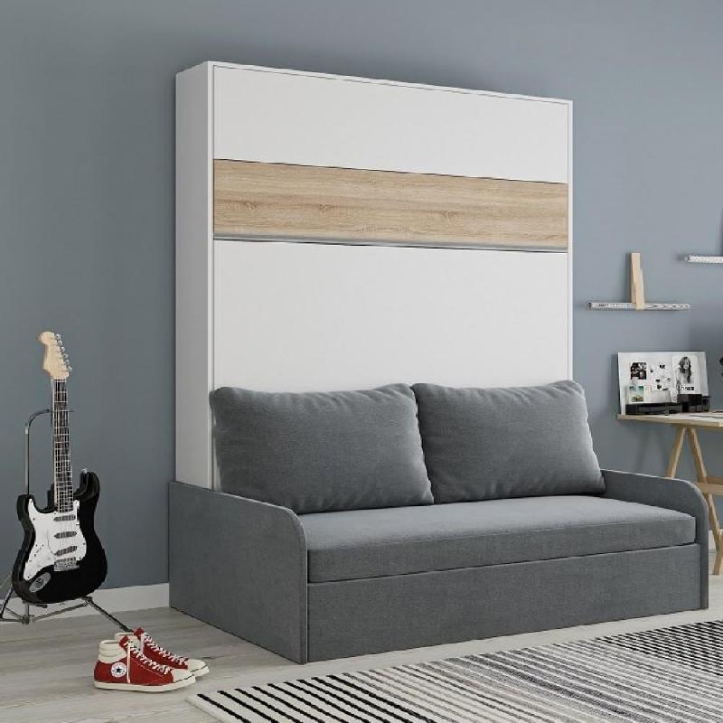 ARMOIRE LIT ESCAMOTABLE BERMUDES SOFA BLANC BANDEAU CHÊNE CANAPÉ GRIS 160*200 CM_0