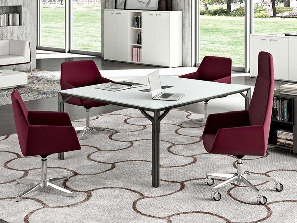 Table de réunion design en verre Hologram - plateau verre trempé blanc avec trappe passe-câbles - L140xP140 ou L160xP140 cm - piètement acier blanc ou gris ombre_0