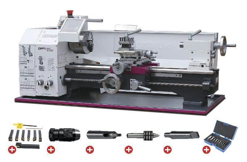 Tour à métaux d'établi Optiturn TU2506 PACK 400V - hauteur des pointes 125 mm, entre-pointes 550 mm, alésage 26 mm, 0,75 kW, 6 vitesses avec accessoires_0