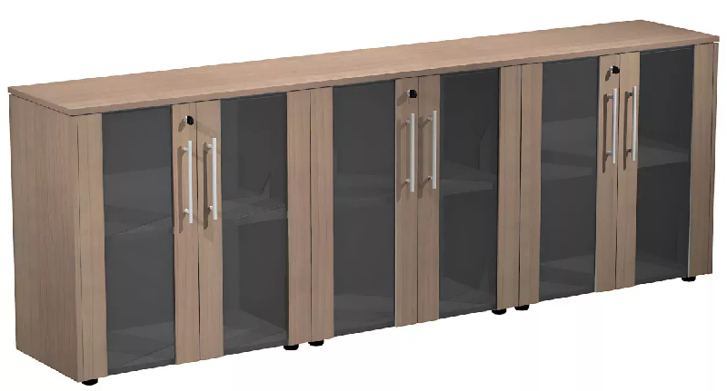 Armoire basse 6 portes en verre fumé serrure - 6 étagères - L. 243 x P. 43 x H. 81 cm So Flora - Noyer Naturel_0