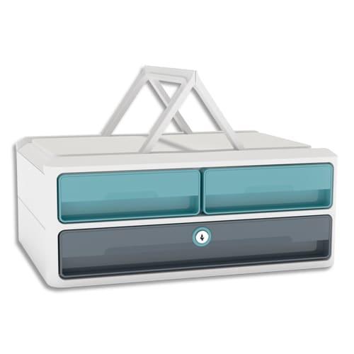 Cep module moovup secure 2 petits tiroirs + 1 grand tiroir. Caisson blanc et tiroir vert d'eau gris orage_0