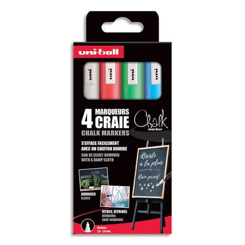 POCHETTE 4 MARQUEURS CRAIE UNI-BALL CHALK - POINTE CONIQUE 1,8-2,5MM - COLORIS BLANC,VERT FLUO,ROUGE,BLEU