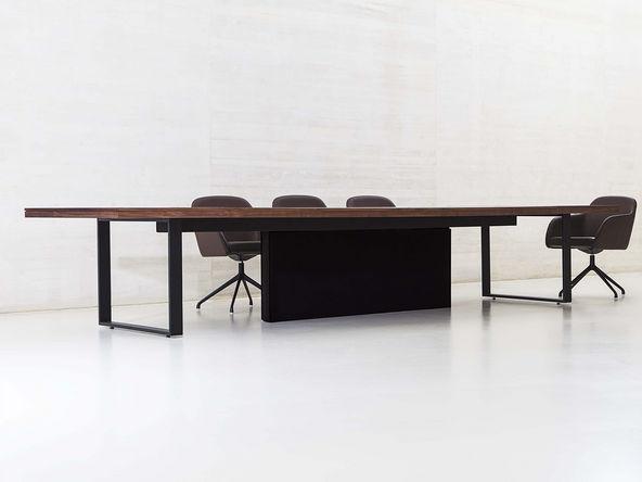 Table de réunion Bat Executive en placage bois - passage de câbles - L300 P120 H75 cm - 4 finitions de plateau - Piètement cadre métal - Garantie 3 ans_0