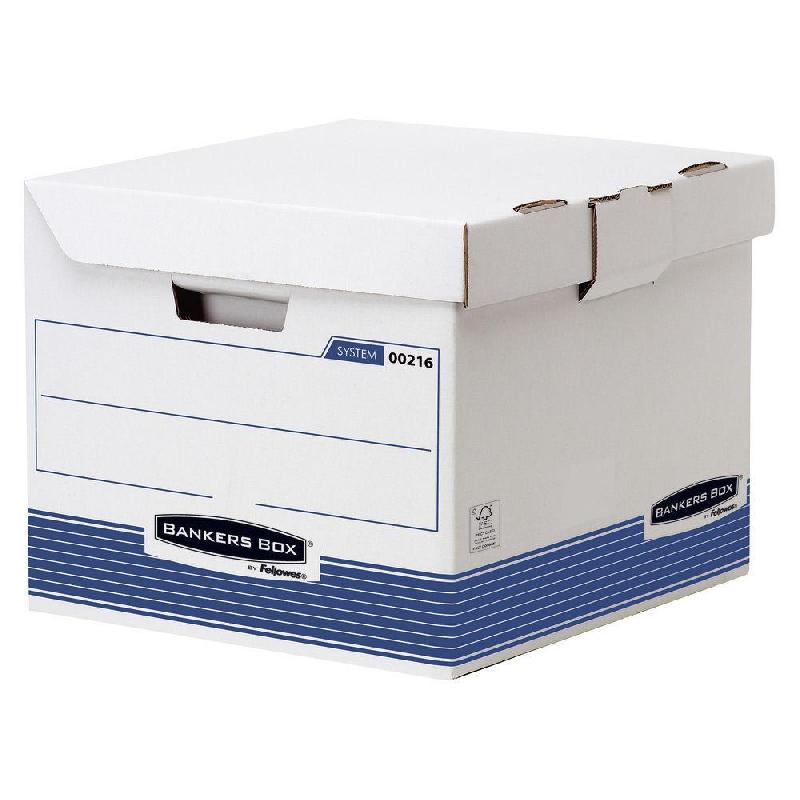 CAISSE ARCHIVES CARTON BANKERSBOX - POUR FORMAT A4 - BLANC / BLEU - MONTAGE AUTOMATIQUE - LOT DE 10