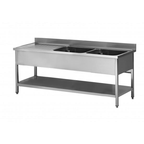 Plonge soudée sur pieds carrés avec étagère, inox ferritique, 2 bacs à droite, dimension bac : L 500 x P 400 x H 300 mm (Longueur, mm: 2000 - Réf F-SP_0