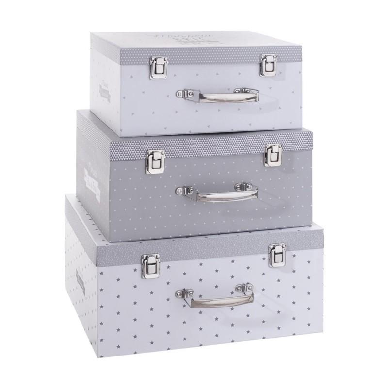 Set de 3 boîtes de rangement malle gris - Paris Prix - métal et carton - imprimé à pois - pratiques et déco_0