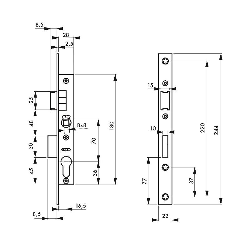 SERRURE ENCASTRABLE POUR PORTE D'ENTRÉE AXE 16,5 L 28 ENTR'AXE 70_0