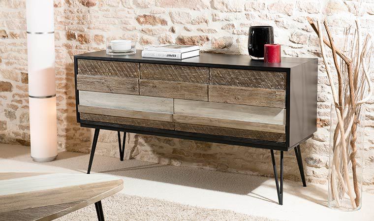 Buffet enfilade scandinave en bois massif d'Acacia et métal noir - 5 tiroirs - Collection Marin_0