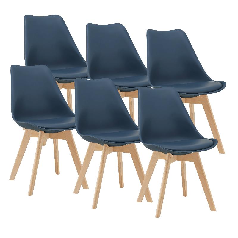 Lot de 6 chaises de salle à manger - design scandinave en similicuir bleu - pieds en hêtre massif_0