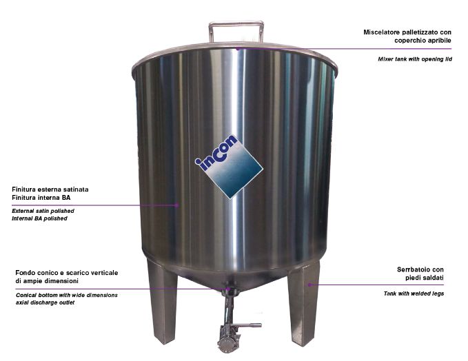 Minitank MTFcm - Réservoir de stockage industriel Incon - Fond conique 30° avec cuve mélangeur et vanne de vidange_0
