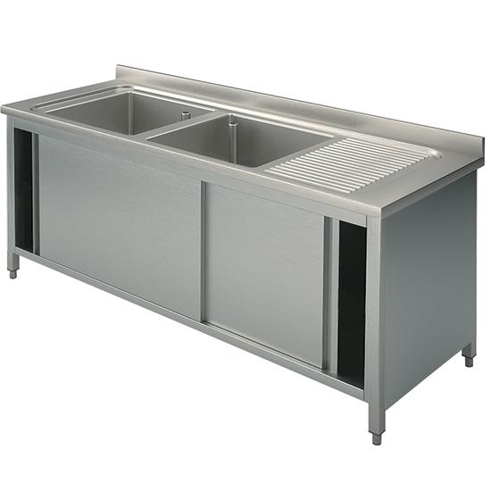 Plonge inox sur armoire, 2 bacs, égouttoir à droite, avec portes coulissantes, 1800x700 mm - GLA0032_0