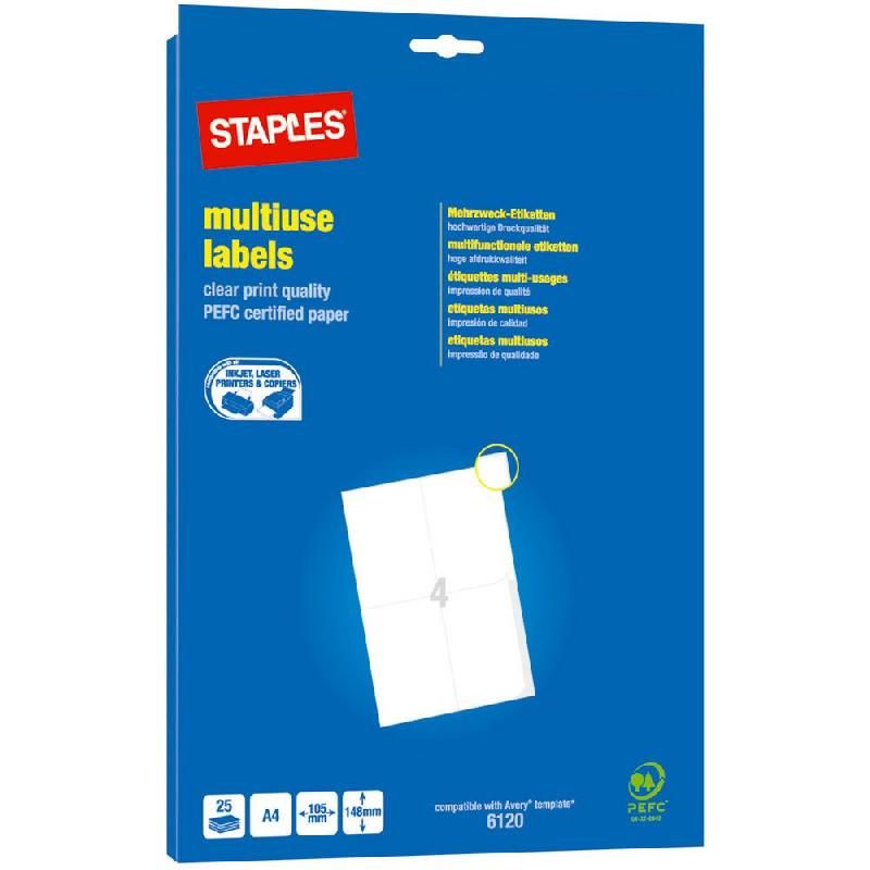 STAPLES ETIQUETTE MULTI-USAGES BLANCHE - STAPLES - 105 X 148 MM - BOÎTE DE 100 ÉTIQUETTES