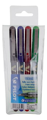 STYLO ROLLER PILOT V-BALL ÉCRITURE MOYENNE - POCHETTE DE 4 COULEURS CLASSIQUES