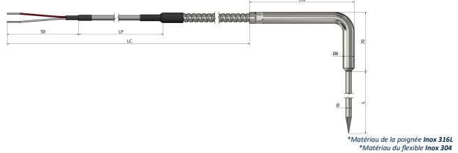 Thermistance à piquer - Sortie flexible de prolongation (angle 90°) - HP32 - Type PTC/NTC - Ø3 à Ø6 mm - Câbles jusqu'à 400°C_0