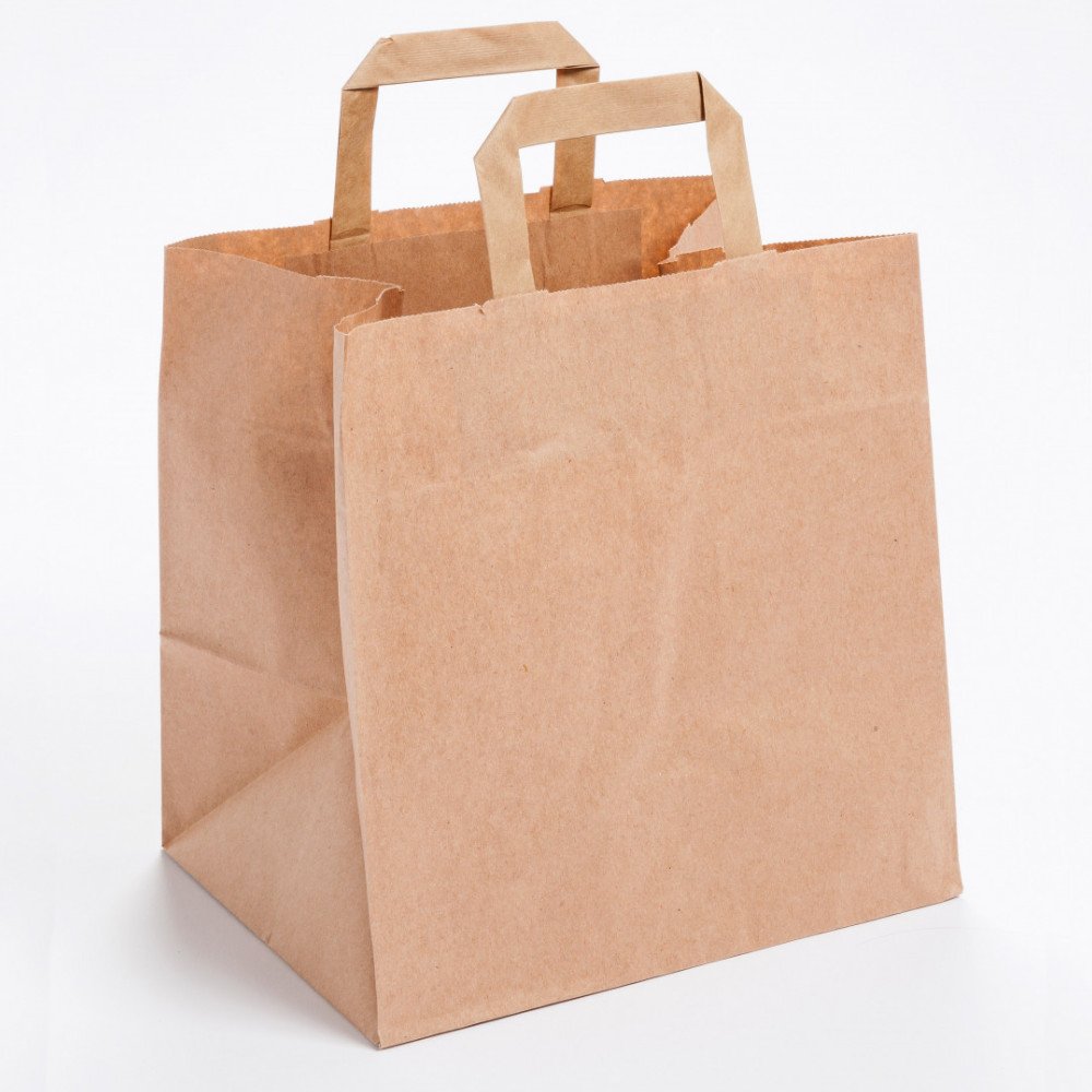 250 sacs kraft brun à poignées plates - 32+16×28,5 cm - 70g/m² - Aptes au contact alimentaire_0