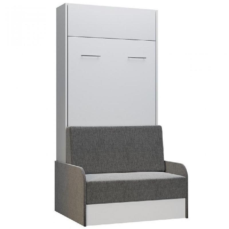 ARMOIRE LIT ESCAMOTABLE DYNAMO SOFA BLANC CANAPÉ + ACCOUDOIRS TISSU GRIS 90*200 CM_0