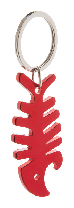 Porte-clés publicitaire en aluminium - forme poisson avec décapsuleur - couleur rouge_0