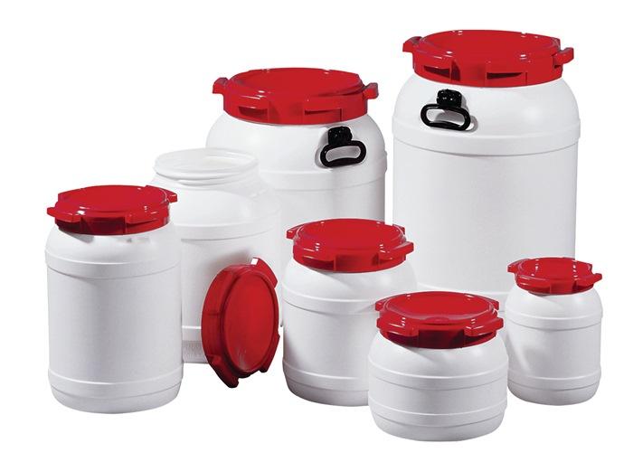 Tonnelet cylindrique 15,0 l PE blanc avec couvercle rouge sans poignées d. D'ouverture de remplissage 204 mm_0