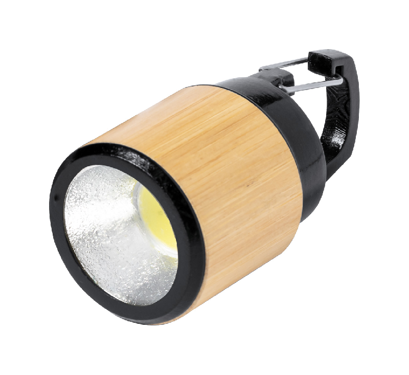 Lampe de poche en bambou - plastique ABS - LED COB avec mousqueton - piles bouton incluses_0