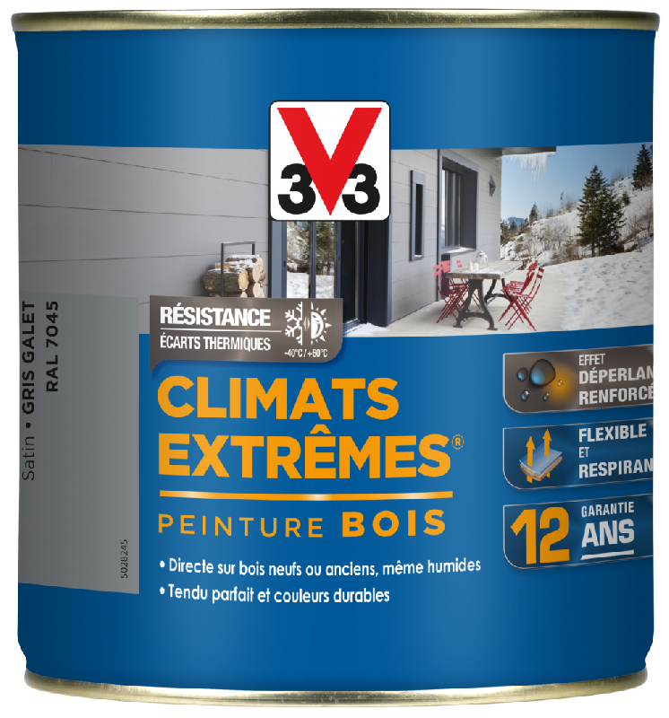 Peinture bois extérieur Climats Extrêmes® V33 - gris galet satiné RAL 7045 - 0.5 L, glycéro, protection durable_0