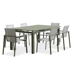 DCB GARDEN - Ensemble repas de jardin 6 places en aluminium kaki avec table extensible et fauteuils empilables - MIAMI-TB240-KAKI+6FT_0