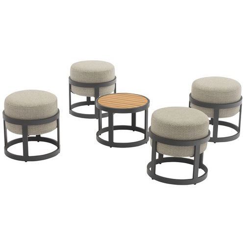 ENSEMBLE DÉTENTE TOTEM 4 TABOURETS 1 TABLE BASSE TECK/ALU - PROLOISIRS