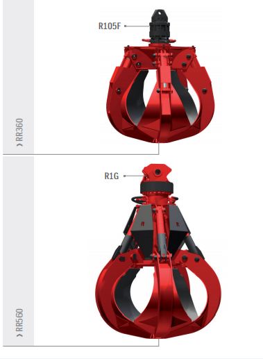 Grappins pour pelles et chargeurs RR360 à RR1100 Rozzi - série RP et RV, avec carters et protections, rotation disponible_0