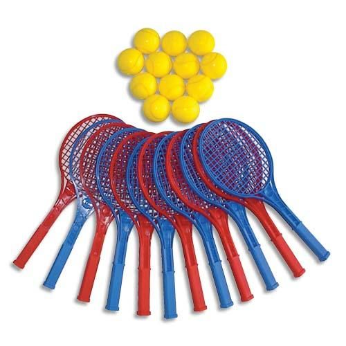 LOT DE 12 RAQUETTES DE TENNIS PLASTIQUE CLASSIC, LONGUEUR 54 CM + 12 BALLES MOUSSE D7 CM