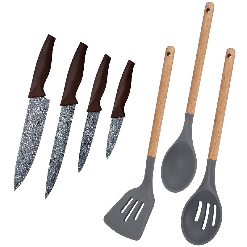 San Ignacio - Jeu de 4 couteaux de cuisine en acier inoxydable et set de 3 ustensiles de cuisine collection Daimiel - gris PK1938_0