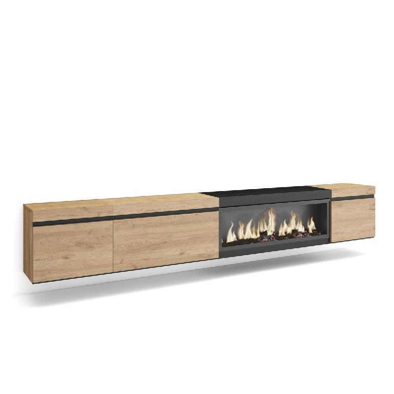 SKRAUT HOME Meuble TV, Banc Télé, 288x45x35 cm, TV grand format, Cheminée électrique XXL, Suspendu, Mural, Chêne et noir - beige Bois manufactur�_0