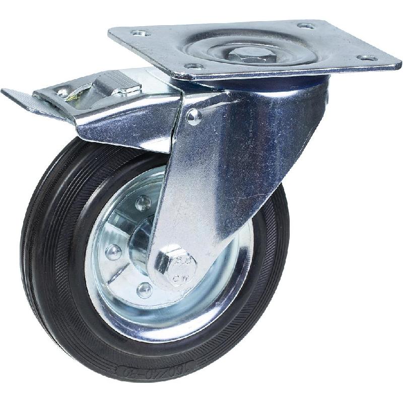 Roulette pivotante/frein de 160 mm en caoutchouc noir sur roue centrale en acier embouti_0