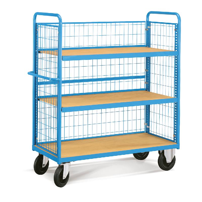 Chariot 3 plateaux bois réglables Ollimo - grillagé avec structure métallique bleue et tablettes inclinables_0