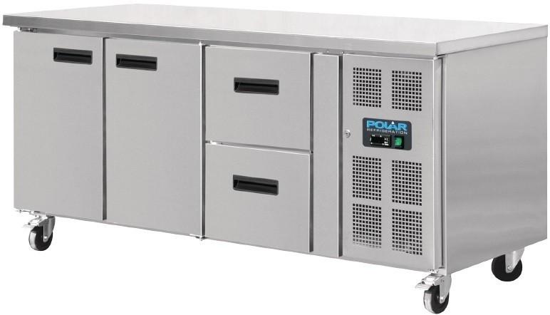 Table réfrigérée 2 portes et 2 tiroirs sur roues - Acier inoxydable - Capacité 417L - Température -2°C à +8°C_0