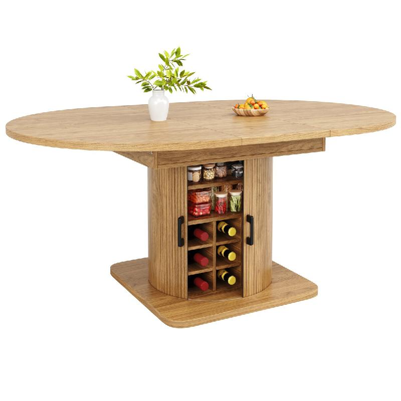 Merax table à manger extensible 118-158 cm, ronde avec rangement, porte-bouteilles et étagères, décor chêne clair - Bois manufacturé N620CZ260501N_0