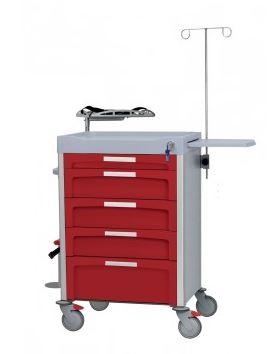 Chariot d'urgence rouge Novimed 5 tiroirs - plan de travail ABS, profils aluminium anodisé, 4 roues Ø125 mm_0