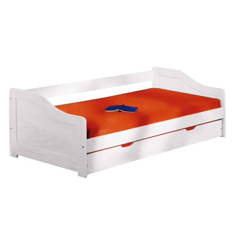 Lit banquette bois massif Laora 90x190cm blanc - Paris Prix - 2 sommiers à lattes inclus_0