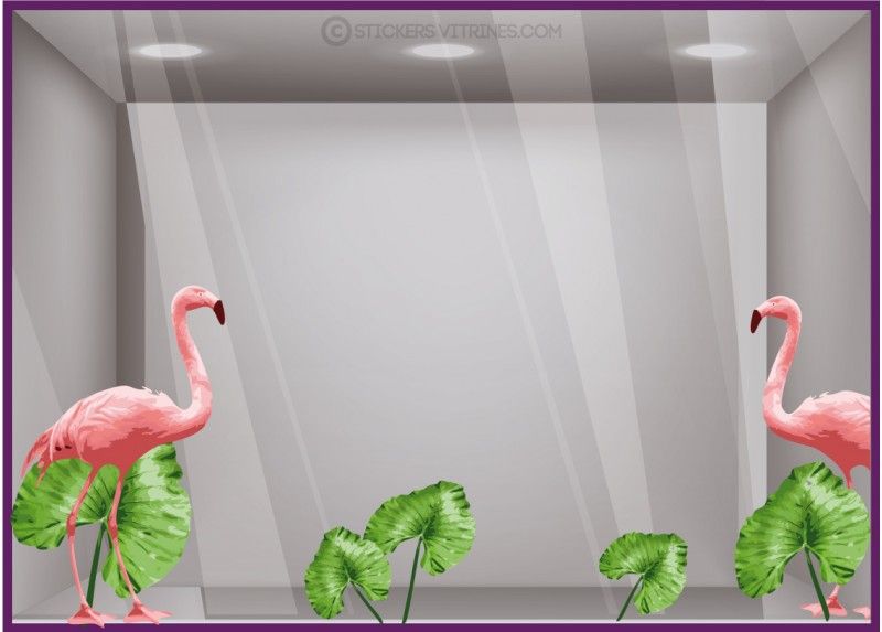 Sv624 L73 x H85 - Adhésif pour vitrine - Stickers flamants roses et palmiers - Dimensions 73 x 85 cm_0