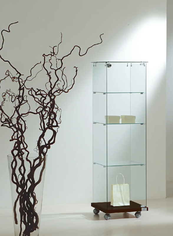 Vitrine tout verre transparent 4/14VA - Colonne d'exposition en verre trempé avec socle bois wengé_0