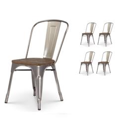 Kosmi Lot de 4 chaises en métal brut aspect galvanisé et assise en bois foncé - Style industriel - 3760301693499_0