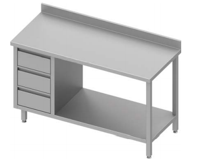 Table inox de travail adossée avec trois tiroirs  à gauche avec étagère 1600x600x900 - 930386160_0