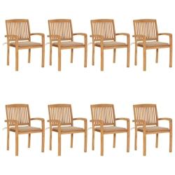 VidaXL Chaises De Jardin Empilables Avec Coussins Lot De 8 Teck Solide - beige 3073243_0