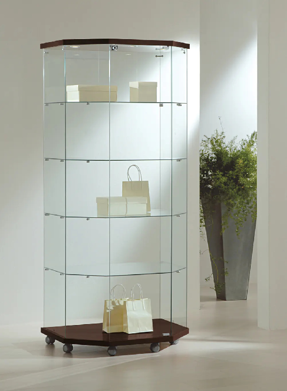 Vitrine hexagonale en verre de sécurité 8/18LTVA - wengé - 4 tablettes amovibles, porte avec serrure, roulettes_0
