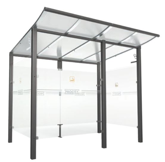 Abri fumeurs simple et élégant - MODULO - longueur 2500 ou 5000 mm, toiture en aluminium et bardages en verre sécurisé_0