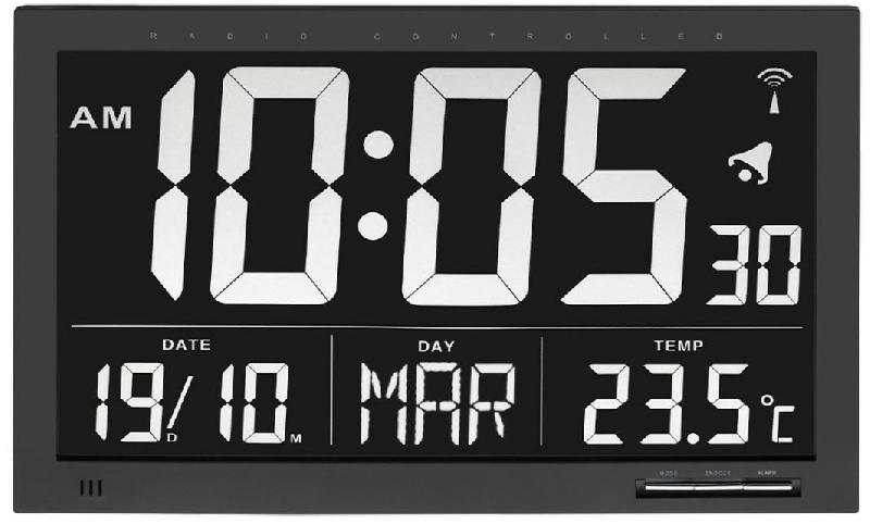 Horloge / calendrier lcd - digits blancs sur noir - radio-pilotée - thermomètre int. - sur pile #6005t_0