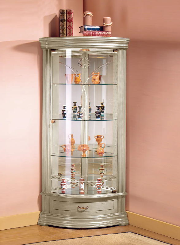 Vitrine d'angle en bois DV33VA - laqué crème cérusé - 3 tablettes réglables et fond miroir_0