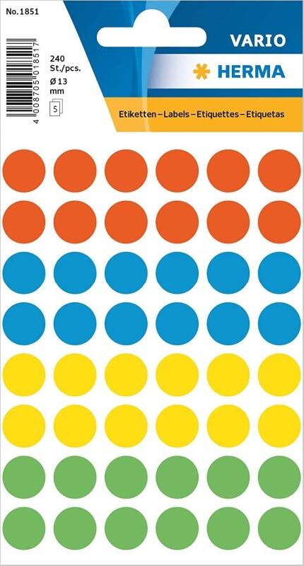 HERMA 240 pastilles adhésives coloris assortis, Ø 13 mm (5 feuilles 9x16 / cdt) - 4026631028394_0