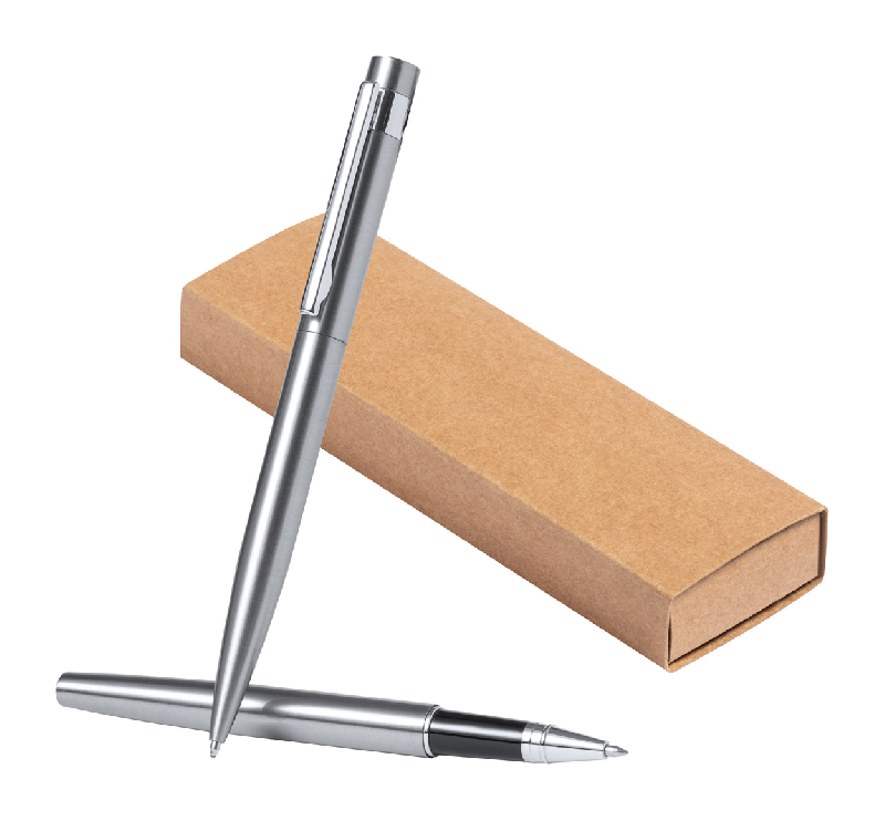 Parure de stylos en acier inoxydable recyclé - Stylo à bille et roller avec encre bleue - Livrée dans une boîte en papier kraft_0